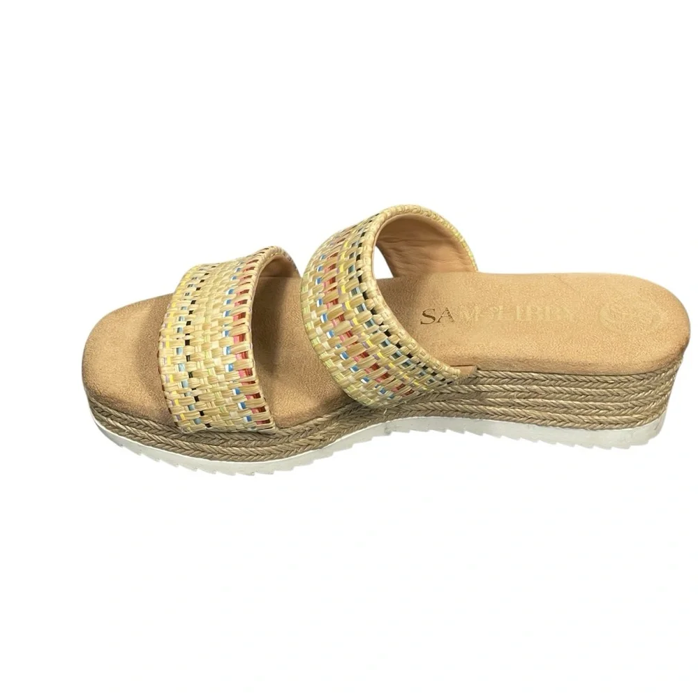 Sam & Libby Charlee Raffia Tan Strap Slip On Wedge Shoe Sandal Sz 9
